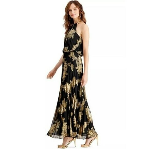 MSK Pleated Gold Print Maxi Dress Women 16 Black Metallic Floral Event Wedding - Picture 2 of 15